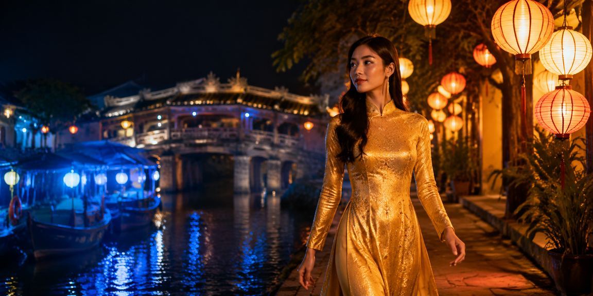 Người dùng Hội An trong trang phục áo dài trải nghiệm casino và cá cược trực tuyến